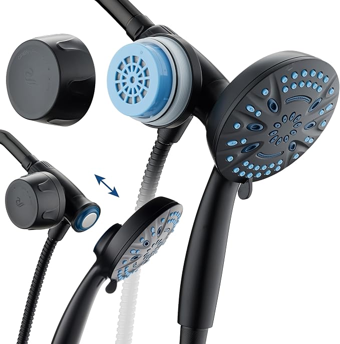 AquaCare Magneton 8-Mode High Pressure Handheld Shower Head w/Water Filter | Filters Chlorine & Toxins for Healthy Hair & Skin. Spaca-age Magnetic Docking, Hygienic Jets, Long 6 ft. Metal Hose / Black
