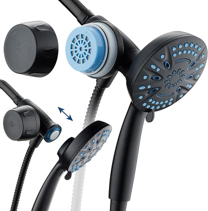 AquaCare Magneton 8-Mode High Pressure Handheld Shower Head w/Water Filter | Filters Chlorine & Toxins for Healthy Hair & Skin. Spaca-age Magnetic Docking, Hygienic Jets, Long 6 ft. Metal Hose / Black