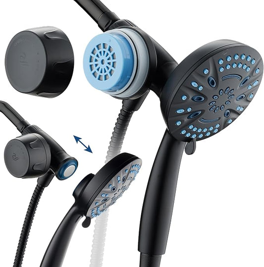 AquaCare Magneton 8-Mode High Pressure Handheld Shower Head w/Water Filter | Filters Chlorine & Toxins for Healthy Hair & Skin. Spaca-age Magnetic Docking, Hygienic Jets, Long 6 ft. Metal Hose / Black