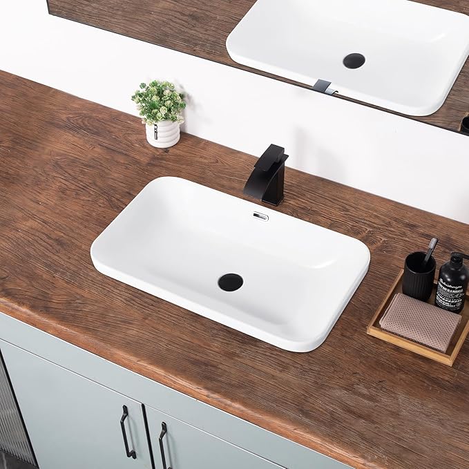 Bathroom Vessel Sink 27.3" X 15.5" Semi Recessed Bathroom Sink Rectangular Drop In Bathroom Sinks with Overflow White Ceramic Vessel Sinks for Bathroom Modern Above Counter Basin Vanity Sink