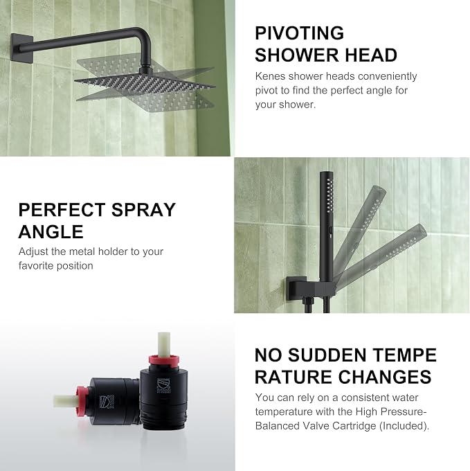 KENES Matte Black Square Rainfall Shower System Faucet Set with Handheld | Shower Faucet with 10-Inch Rain Shower Head, Square Shower System, Valve Included, Lead-Free cUPC & NSF Certified, Stainless