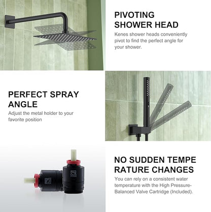 KENES Matte Black Square Rainfall Shower System Faucet Set with Handheld | Shower Faucet with 10-Inch Rain Shower Head, Square Shower System, Valve Included, Lead-Free cUPC & NSF Certified, Stainless