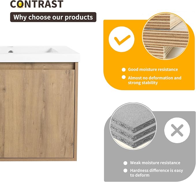 48 Inch Wall Mounted Bathroom Vanity with Double Sink | 48" Modern Floating Cabinet with Center Open Shelf & Soft-Close Doors, 2 Resin Basins, Imitative Oak