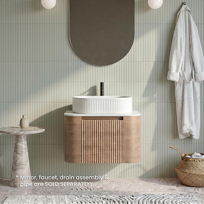 24" Preassembled Floating Bathroom Vanity with White Sink, Oak | Mid-Century Modern Style, Fluted & Soft-Close Drawer with U-shaped Wall, Sinterted Stone Countertop, Towel Rack Included