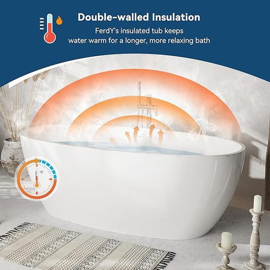 FerdY Tahiti 67" Freestanding Bathtub Elegant Oval Shape, Glossy White Double Walled Insulation bathtub with Center Brushed Nickel Drain, UPC Certified -02119