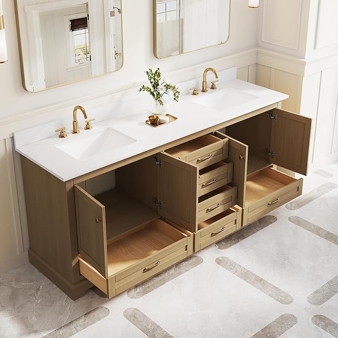 WELLFOR 80" Bathroom Vanity with Double Sinks, Bathroom Freestanding Vanity W/4 Soft-Close Doors and 6 Drawers, Large Storage Space Vanity, Cultured Marble Countertop (Oak)