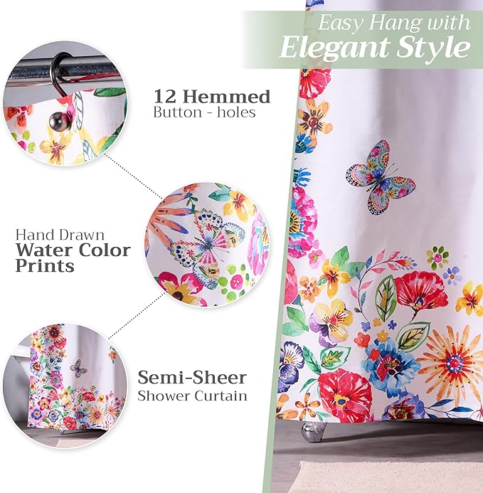 Maison d' Hermine Shower Curtain 100% Cotton One Panel 70"x72" Washable Fabric Shower Curtains for Bathroom, Easy Hanging with 12 Button Holes - Spa Easter Gifts (Happy Florals - High Summer)