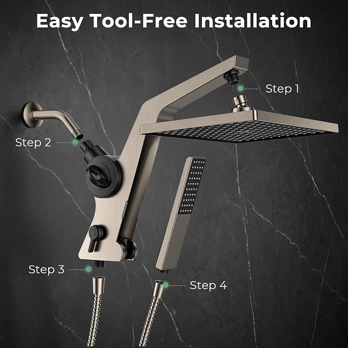 MakeFit Filtered Rain Shower Head with Handheld Combo High Pressure 12'' Rainfall Shower Heads & Hidden Detachable Wand Dual Showerhead Water Softener for Hard Water Easy Filter Replacement