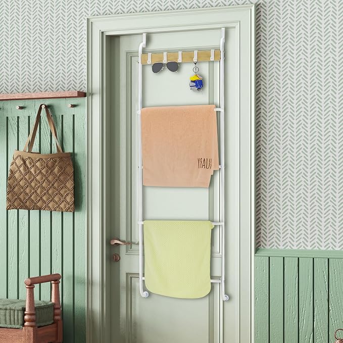 Over the Door Towel Rack for Bathroom 5 Tier Over The Door Towel Bar | Back of Door Towel Rack, Behind Door Towel Holder with Hooks, White Door Rack Hanger, Stable Suction Cup Design