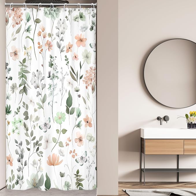 Stall Small Narrow Green Pink Floral Cute Boho Bathroom Shower Curtain Set | 36"W x 72"H Wildflower Watercolor; waterproof HD print, quick-dry fabric and plastic hooks for easy setup.