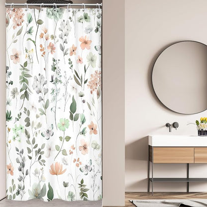 Stall Small Narrow Green Pink Floral Cute Boho Bathroom Shower Curtain Set | 36"W x 72"H Wildflower Watercolor; waterproof HD print, quick-dry fabric and plastic hooks for easy setup.