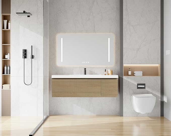 48 Inch Floating Bathroom Vanity with Sink, Modern Oak Wall Mounted Floating Vanity with Glossy Resin Sink, Soft Closing Drawer and Door, Fully Pre Assembled Bathroom Vanity, Natural Oak