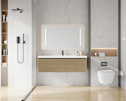48 Inch Floating Bathroom Vanity with Sink, Modern Oak Wall Mounted Floating Vanity with Glossy Resin Sink, Soft Closing Drawer and Door, Fully Pre Assembled Bathroom Vanity, Natural Oak