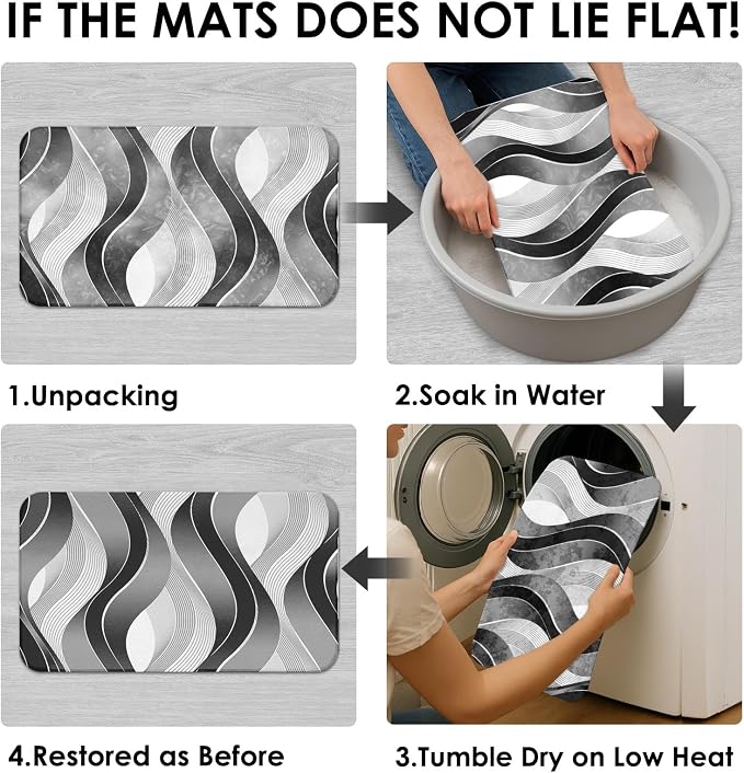 Bathroom Sets with Shower Curtain and Rugs, 4 Pcs Geometric Stripes | Abstract Modern Wavy Bathroom Decor Set with Toilet Lid Cover, Non-Slip Bath Mats and Accessories 12 Hooks