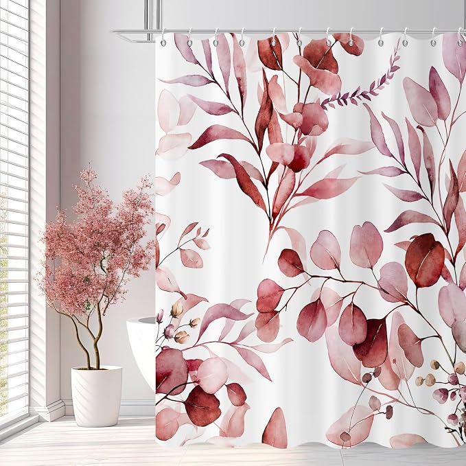 Burgundy Red Shower Curtain, Watercolor Eucalyptus Leaves Botanical Plants with Floral Bathroom Curtain Home Bathtub Decor Waterproof Fabric Machine Washable with 12 PCS Hooks,72" Wx84 L