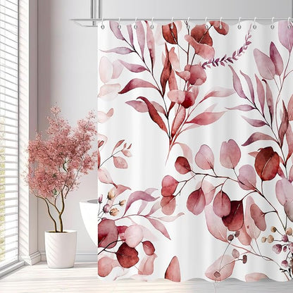 Burgundy Red Shower Curtain, Watercolor Eucalyptus Leaves Botanical Plants with Floral Bathroom Curtain Home Bathtub Decor Waterproof Fabric Machine Washable with 12 PCS Hooks,60" Wx72 L