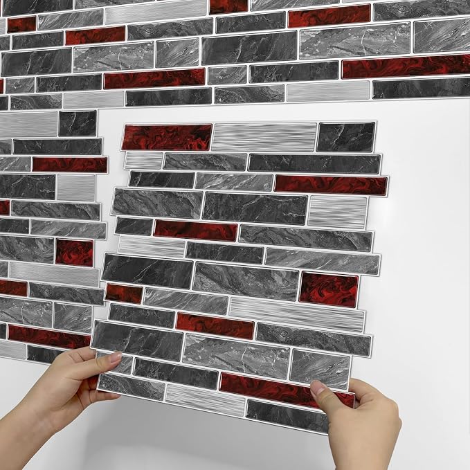 Alwayspon 10 Sheets 12" x12inch Black and Red Marble Effect Vinyl Tiles, Backsplash, Self-Adhesive Peel and Stick Wall Tile Stickers, Stick on Subway Tiles for Kitchen Bathroom Wall Decor