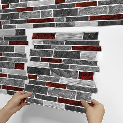 Alwayspon 10 Sheets 12" x12inch Black and Red Marble Effect Vinyl Tiles, Backsplash, Self-Adhesive Peel and Stick Wall Tile Stickers, Stick on Subway Tiles for Kitchen Bathroom Wall Decor