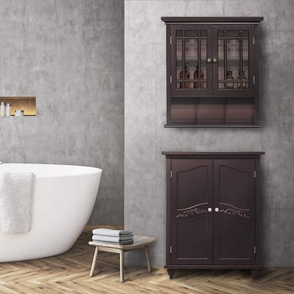 Teamson Home Neal Wooden Over The Toilet Bathroom Removable Wall Medicine Cabinet with 1 Fixed and 1 Adjustable Shelf 3 Storage Spaces 2 Glass Mosaic Doors and Crystal-Cut Acrylic Knobs, Espresso | Bathroom Kitchen Storage Space Saver, 2 Doors and 1 Op...