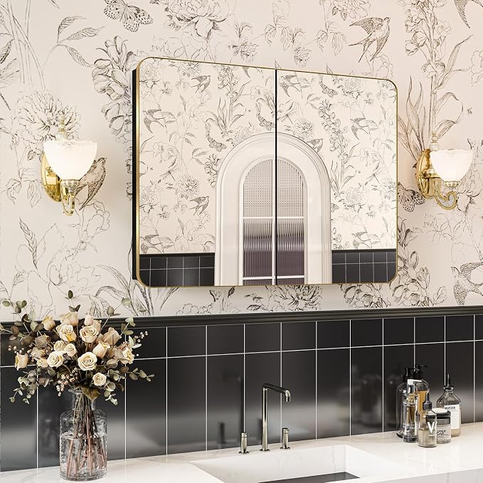 32x24 in Brushed Gold Double Door Medicine Cabinet with Mirror | Fully Assembled; Recessed or Surface Wall Mount; Metal Cabinet with Tempered Glass Mirror and Two Adjustable Glass Shelves
