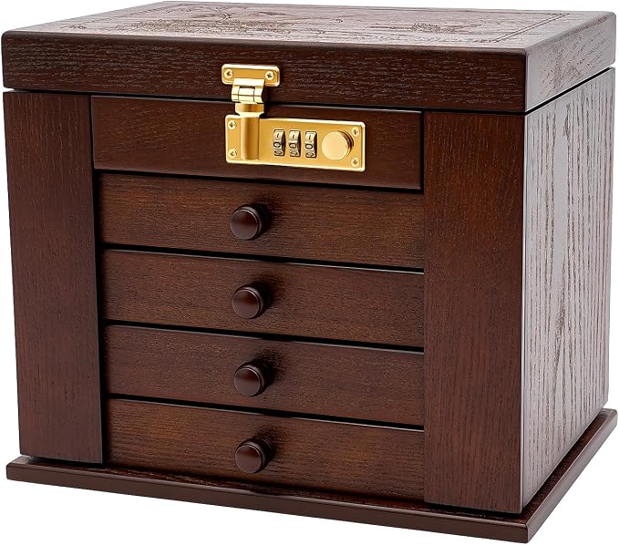 Wooden Jewelry Box, 5 Layers with 4 Drawers Large Locking Jewelry Organizer, Watches Necklace Ring Storage Box for Women (Dark Brown)