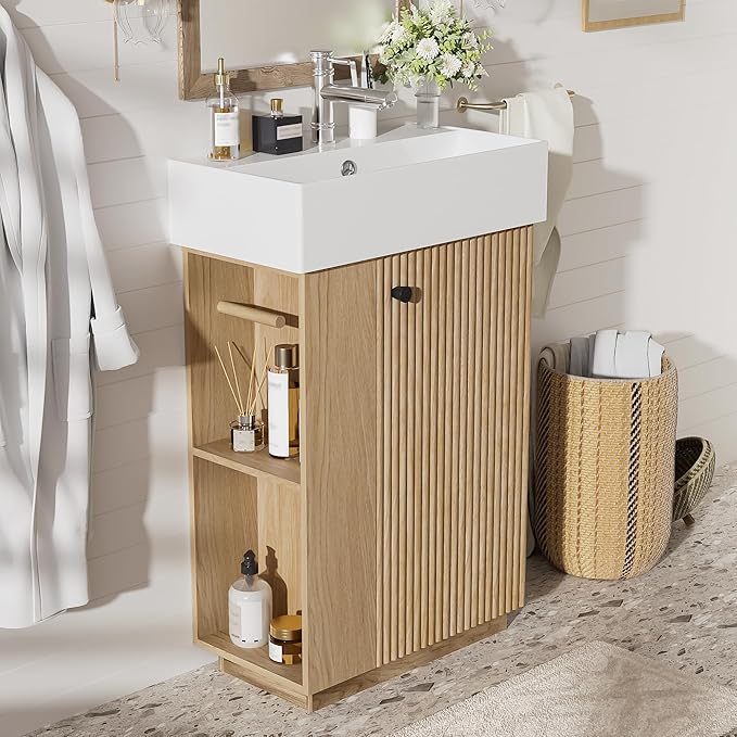 Merax Small Bathroom Vanity, Modern Floor Standing Bathroom Vanity with Sink, Ceramic Sink Vanity with Side Storage Shelves and Toilet Paper Holders, Oak