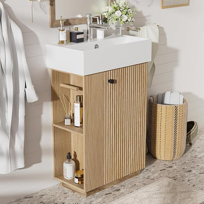 Merax Small Bathroom Vanity, Modern Floor Standing Bathroom Vanity with Sink, Ceramic Sink Vanity with Side Storage Shelves and Toilet Paper Holders, Oak