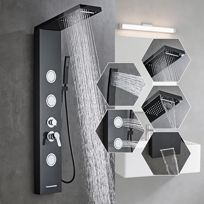 5-In-1Shower Panel Tower System-Brushed Black | 304 stainless steel Shower Panel Column Tower With Powerful Body Jets,Body Spray,Rainfall,Waterfall,Handheld And Tub Spout