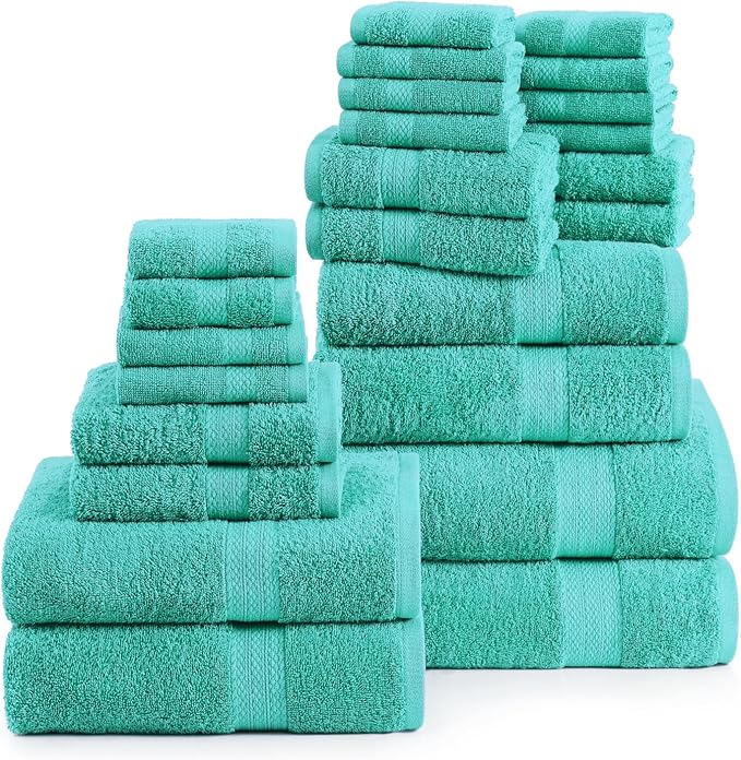 LANE LINEN 24 PCs 100% Cotton Bath Towels Set - Quick Dry, Ultra Soft & Ultra Absorbent - 4 Bath, 4 Fingertip, 6 Hand Towels, 8 Washcloths, 2 Bath Sheets - Home & Guest Bathroom Towels - Teal | Dorm Towel Set - Terry Weave Comfort, Soft & Long-Lasting,...