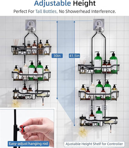 Adjustable Shower Caddy Hanging, Extended Length Organizer Over Shower Head, 3 Tier Long Neck Shower Rack with Soap Holder for Large Storage, Black
