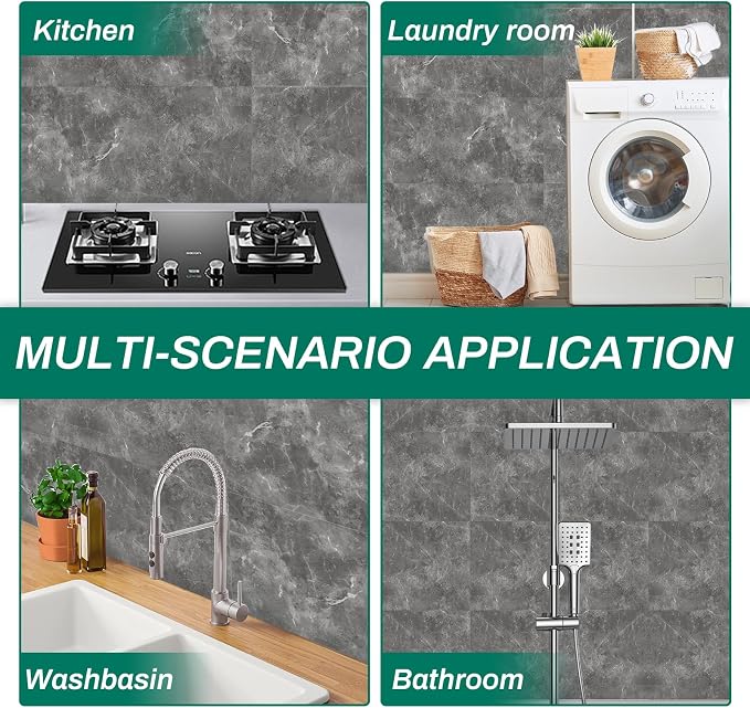 Peel and Stick Gray Marble Wall Tiles for Backsplash 11.8" x 11.8", 12-Pack | PVC Self Adhesive Wall Panels, Waterproof, Heat Resistant, Stick on Backsplash for Kitchen, Bathroom, Laundry room
