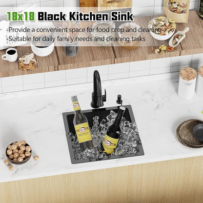 Black 18x18 In Undermount Kitchen And Bar Sink- Stainless Steel Single Bowl Kitchen Sink Modern Drop In Bar Sink With Silicon Mat,Drain Strainer Set Compatibility With Various Kitchen & Bar Style