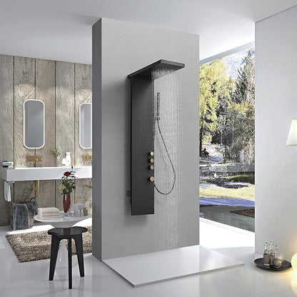 Shower Panel Tower System Stainless Steel Rainfall Shower Massage Body Jets and Handheld Shower System 3-Functions Wall Mount, Black
