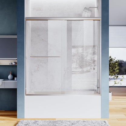 SUNNY SHOWER Bathtub Door Double Glass Sliding Shower Tub Door 60" W x 57.4" H Semi-Frameless 1/4" Clear Glass Shower Enclosure Doors for Bathroom, Chrome Finish