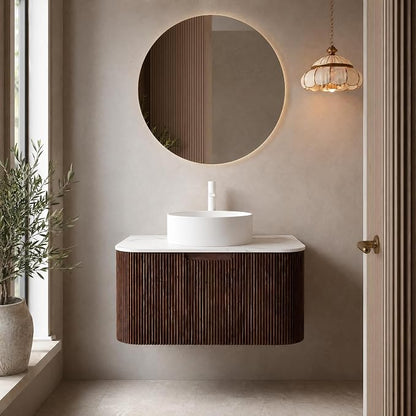 30 Inch Bathroom Vanity with Sink, Floating Wall Mounted Single Sink Vanity, Dark Walnut Curved Fluted Front, Stone Top, Pure White Round Vessel Basin, Pre-Assembled