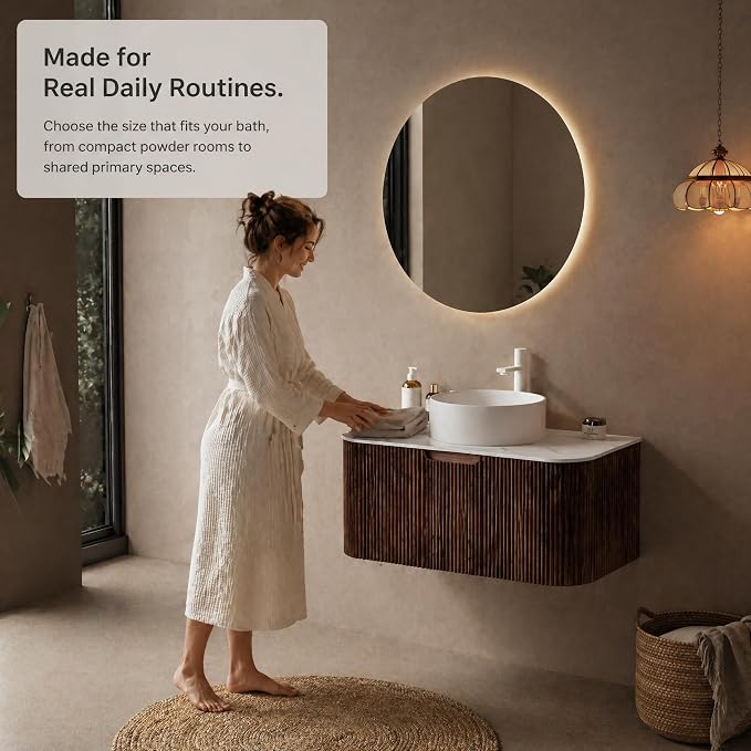 36 Inch Bathroom Vanity with Sink, Floating Wall Mounted Single Sink Vanity, Dark Walnut Curved Fluted Front, Stone Top, Pure White Round Vessel Basin, Pre-Assembled