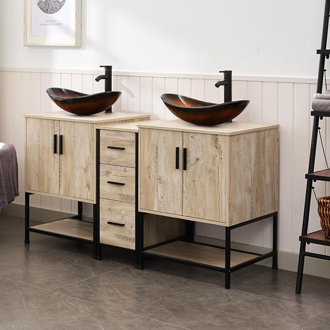 UEV Rustic Oak 60" Double Bathroom Vanity with Sink Combo,Industrial Iron Frame 2 Main Bathroom Vanity with Middle 3 Drawers Cabinet,Modern Brown Boat Tempered Glass Vessel Sink(029BR)