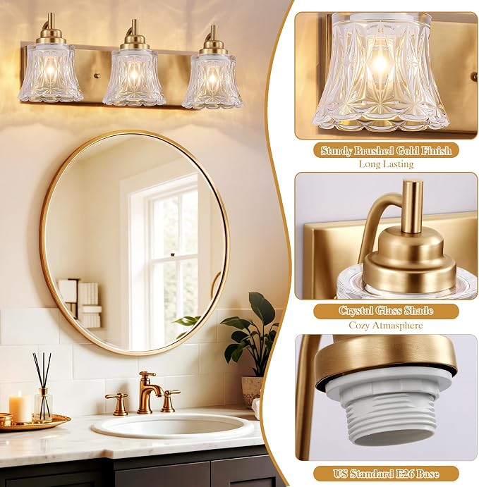 LmnLvn Brushed Gold Bathroom Light Fixtures, 3-Light Crystal Glass Shade | Mounted Over Mirror, Antique Brass Accents, Vintage Vanity Light for Bedroom & Living Room, Easy To Install
