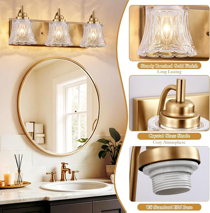 LmnLvn Brushed Gold Bathroom Light Fixtures, 3-Light Crystal Glass Shade | Mounted Over Mirror, Antique Brass Accents, Vintage Vanity Light for Bedroom & Living Room, Easy To Install