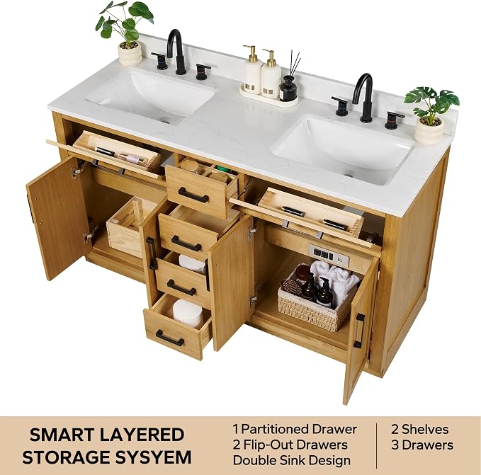 60-inch Natural Oak Bathroom Vanity with 2 Sinks, Solid Wood, 0.79-inch Stone Countertop and Backsplash, 6 Drawers, 4 Soft Closing Doors