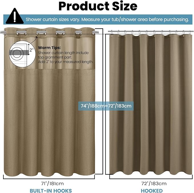 SORTTO No Hook Shower Curtain with Snap in Liner Set Waffle Shower Curtain for Bathroom Hotel Style Fabric Waterproof Inner Liner，71" W x 74" H, Beige