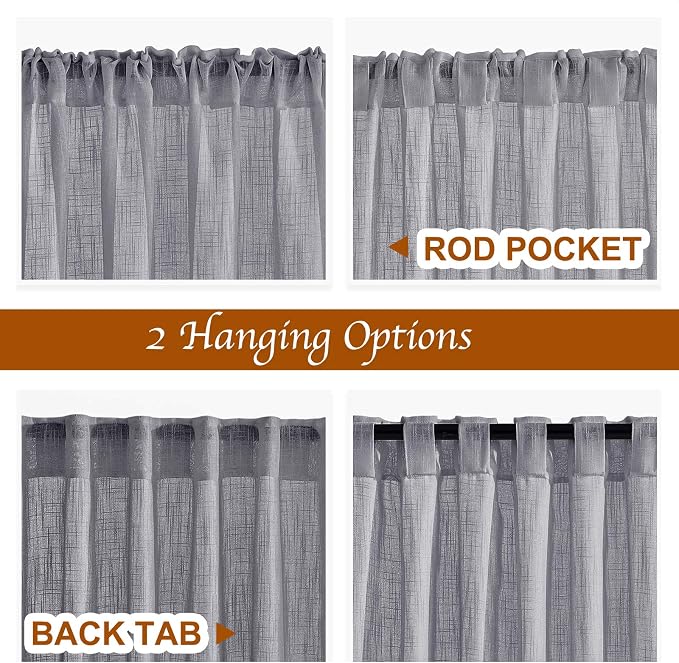 NICETOWN Sheer Curtains 84 inches Long Linen Look for Farmhouse, Rustic Rod Pocket & Back Tab Semi Sheer Window Treatments Balance Light & Privacy for Living Room, 52" Wide, Grey, 2 Panels