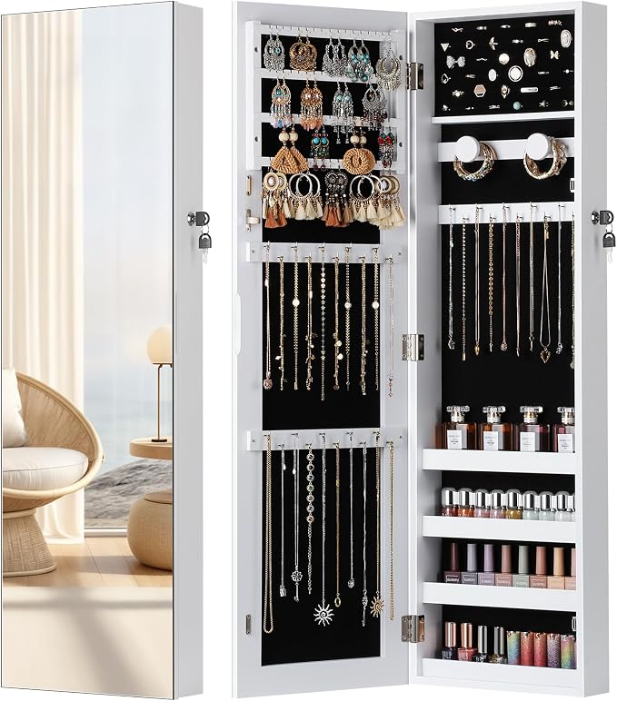 Nicetree Hanging Jewelry Cabinet, Jewelry Organizers and Storage, White | Lockable Jewelry Armoire Organizer, Over the Door Mirror with Jewelry Storage, Full Length, Gift Idea, Easy Assembly