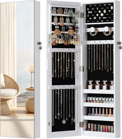 Nicetree Hanging Jewelry Cabinet, Jewelry Organizers and Storage, White | Lockable Jewelry Armoire Organizer, Over the Door Mirror with Jewelry Storage, Full Length, Gift Idea, Easy Assembly