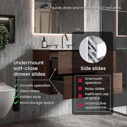 30" Bathroom Vanity with Sink, Modern Floating Vanity with Two Soft-Close Drawers, Large Storage for Small Space, Walnut, Fully Assembled - Iris Collection