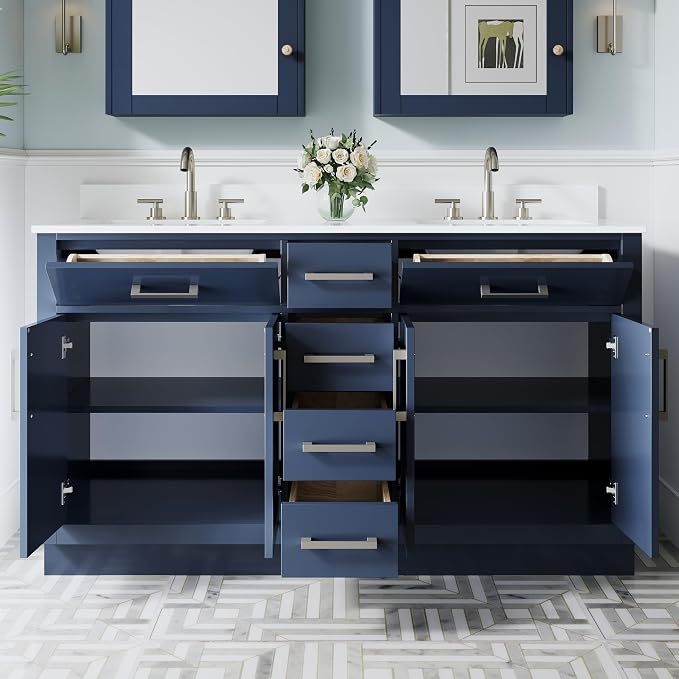 60-Inch Bathroom Vanity with Double Sinks W/ 4 Doors & 4 Drawers & 2 Flip Drawers, Navy Blue Vanity W/Brushed Nickel Handles