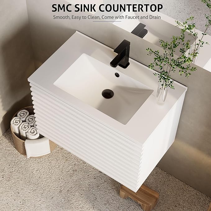eclife 30" Floating Bathroom Vanity with Sink Combo Mid-Century Wall Mounted Cabinet with Wood Stripes Decor, Drawers, Undermount Single Sink, Faucet, Drain, Mixed White