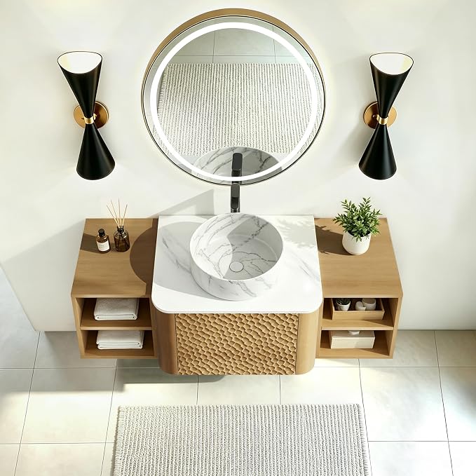 48 Inch Modern Bathroom Vanity with Ceramic Sink, Floating Bathroom Sink Cabinet with Sintered Stone Top&Solid Wood Hammered Frame, Single Bathroom Vanities w/Soft-Close Drawer&2 Side Open Cube