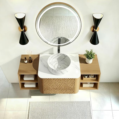48 Inch Modern Bathroom Vanity with Ceramic Sink, Floating Bathroom Sink Cabinet with Sintered Stone Top&Solid Wood Hammered Frame, Single Bathroom Vanities w/Soft-Close Drawer&2 Side Open Cube