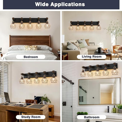 maesta Bathroom Vanity Light, 5 Light Farmhouse Fixture Over Mirror | Farmhouse Bathroom Light Fixtures, Wood & Metal, Black Gold, Anti-Rust Easy to Install for Rustic Bathroom Hallway